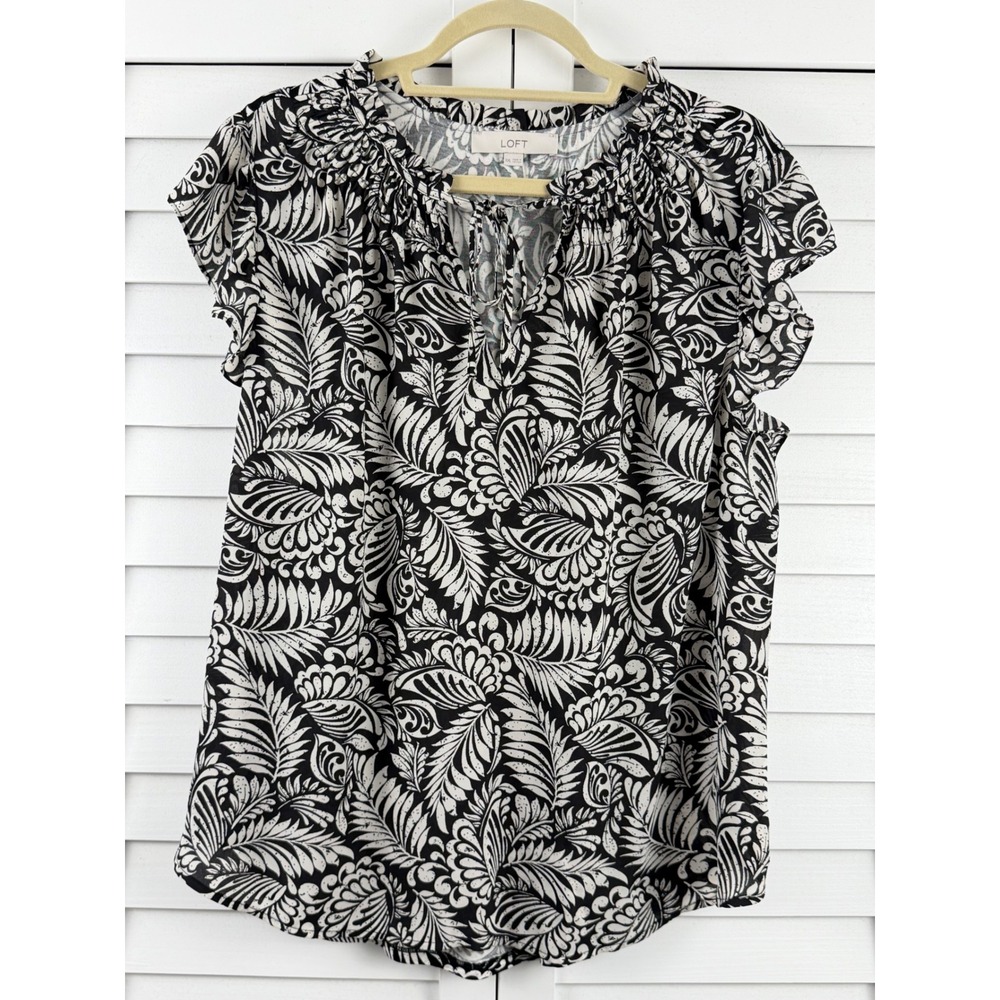LOFT Flutter Sleeve Top Women XXL Black White Botanical Ruffle Neck